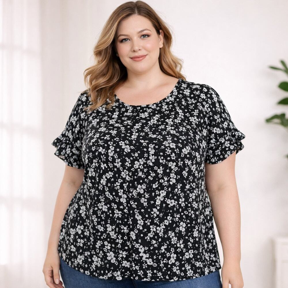 Lane Bryant Blouse Womens Plus 22 NWT Black White Sports Layered Ruffle Sleeves